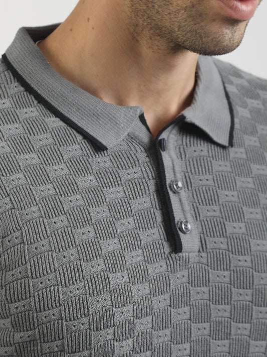 Dark Grey Toasted Waffle Flatknit Cotton Half Sleeve Polo T-Shirt