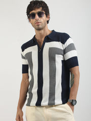 L-Block Navy Cotton Flatknit Half Sleeve Polo T-Shirt