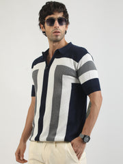 L-Block Navy Cotton Flatknit Half Sleeve Polo T-Shirt