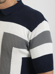 L-Block Navy Cotton Flatknit Half Sleeve Polo T-Shirt