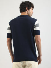 L-Block Navy Cotton Flatknit Half Sleeve Polo T-Shirt