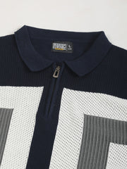 L-Block Navy Cotton Flatknit Half Sleeve Polo T-Shirt