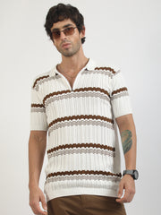 Dimensional Flatknit Cotton White & Brown Half Sleeve Polo T-Shirt