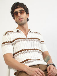 Dimensional Flatknit Cotton White & Brown Half Sleeve Polo T-Shirt