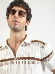 Dimensional Flatknit Cotton White & Brown Half Sleeve Polo T-Shirt