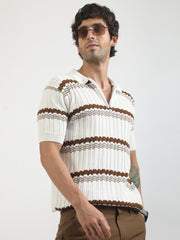 Dimensional Flatknit Cotton White & Brown Half Sleeve Polo T-Shirt
