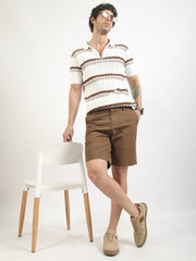 Dimensional Flatknit Cotton White & Brown Half Sleeve Polo T-Shirt