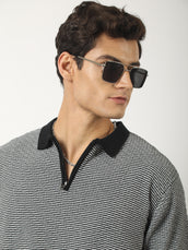 Black Pointelle Half Sleeve Polo T-Shirt