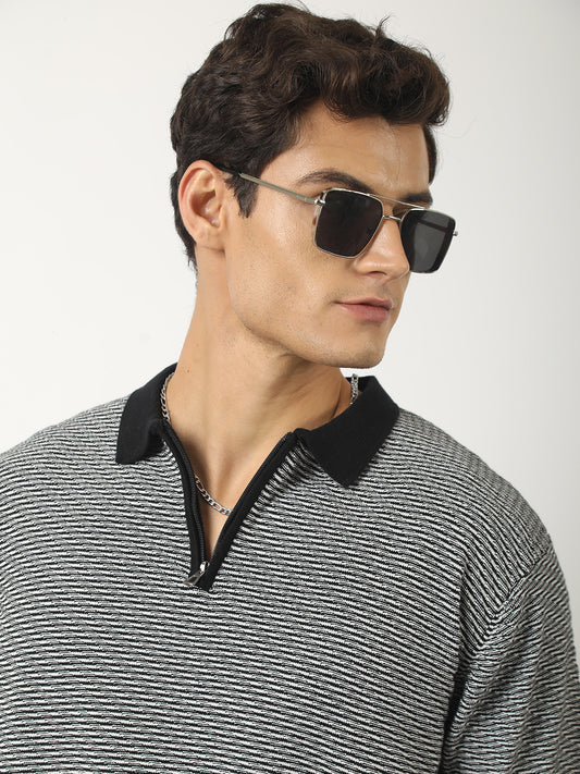 Doubletone Black Flat-Knit Half Sleeve Polo T-Shirt