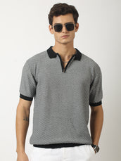 Black Pointelle Half Sleeve Polo T-Shirt
