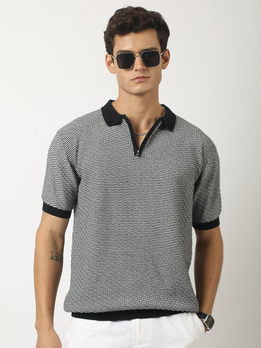 Black Pointelle Half Sleeve Polo T-Shirt