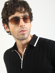 Black Stockholm Flat-Knit Half Sleeve Polo T-Shirt