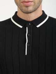 Black Stockholm Flat-Knit Half Sleeve Polo T-Shirt