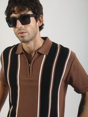 Brown Rome Stripes Flat-Knit Half Sleeve Polo T-Shirt
