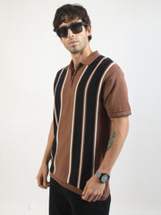 Brown Rome Stripes Flat-Knit Half Sleeve Polo T-Shirt