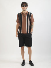Brown Rome Stripes Flat-Knit Half Sleeve Polo T-Shirt