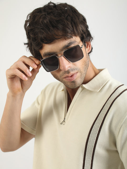 Cream Toronto Line Flat-Knit Half Sleeve Polo T-Shirt