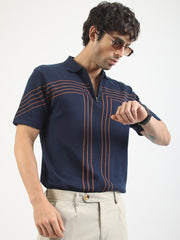 Tokyo Circuit Navy Flat-Knit Half Sleeve Polo T-Shirt