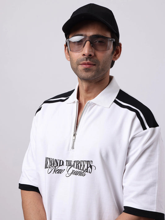 Printed White, Black Half Sleeve Polo T-Shirt