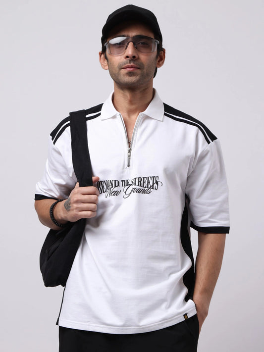 Printed White, Black Half Sleeve Polo T-Shirt