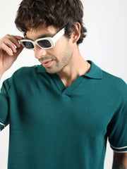 Teal Blue LA Drive Flat-Knit Half Sleeve Polo T-Shirt