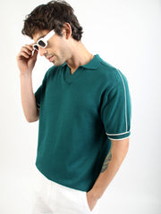 Teal Blue LA Drive Flat-Knit Half Sleeve Polo T-Shirt