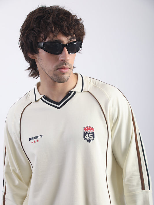 Route 45 Cream Full Sleeve Polo T-Shirt