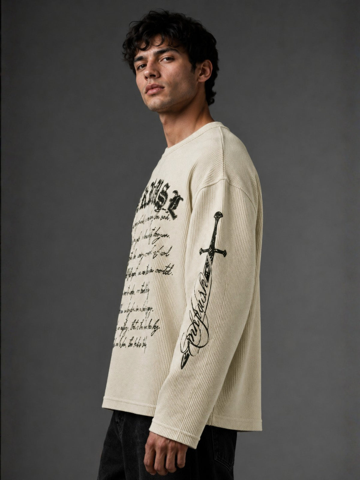 ManiacLife Cream Waffle Full Sleeve T-Shirt White - Image 2