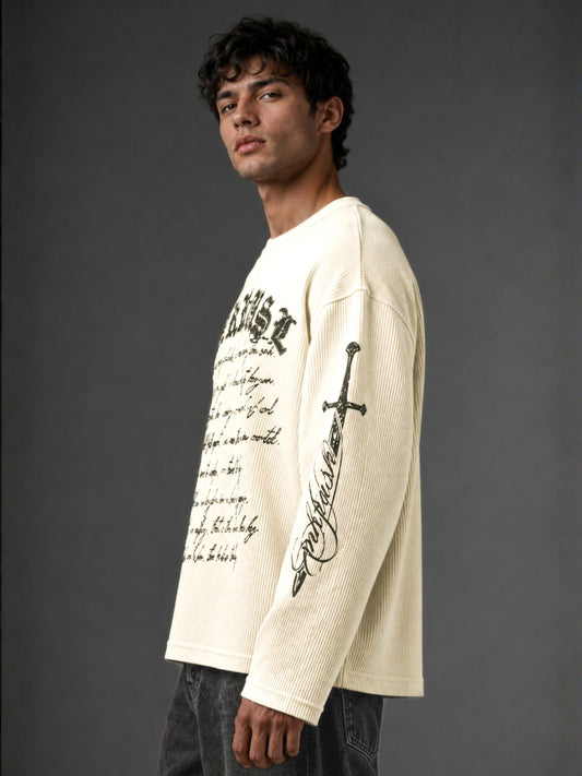 Wordings Cream Waffle Full Sleeve T-Shirt