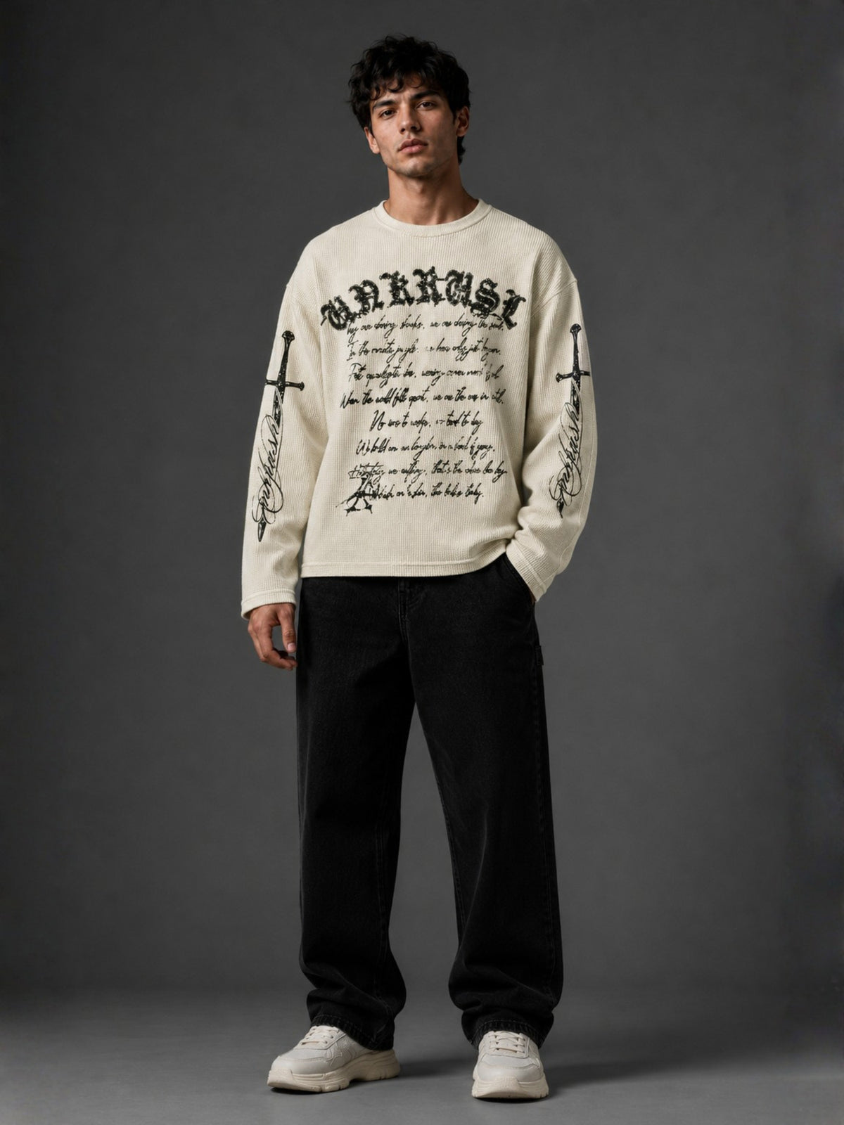 ManiacLife Cream Waffle Full Sleeve T-Shirt White - Image 5