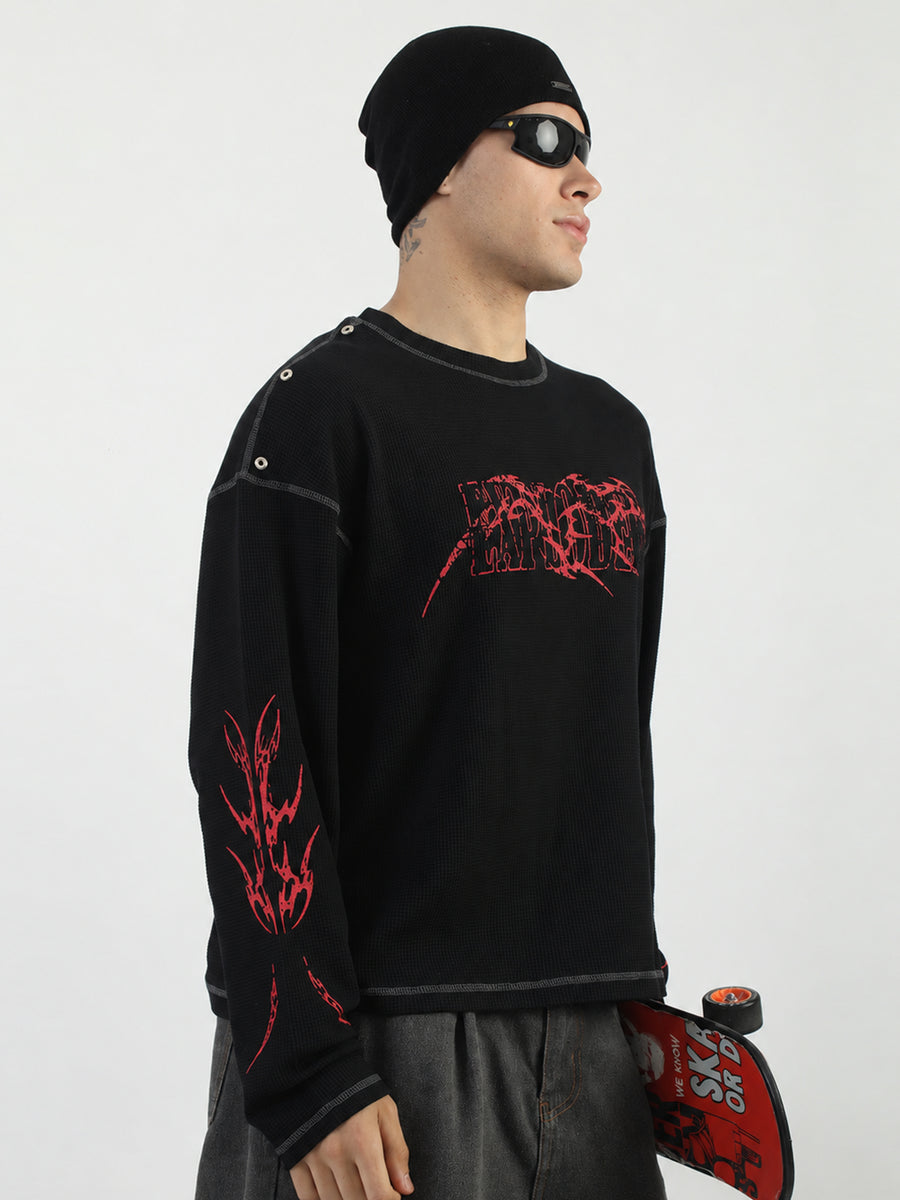 Stud Exploded Black Full Sleeve Waffle T-Shirt