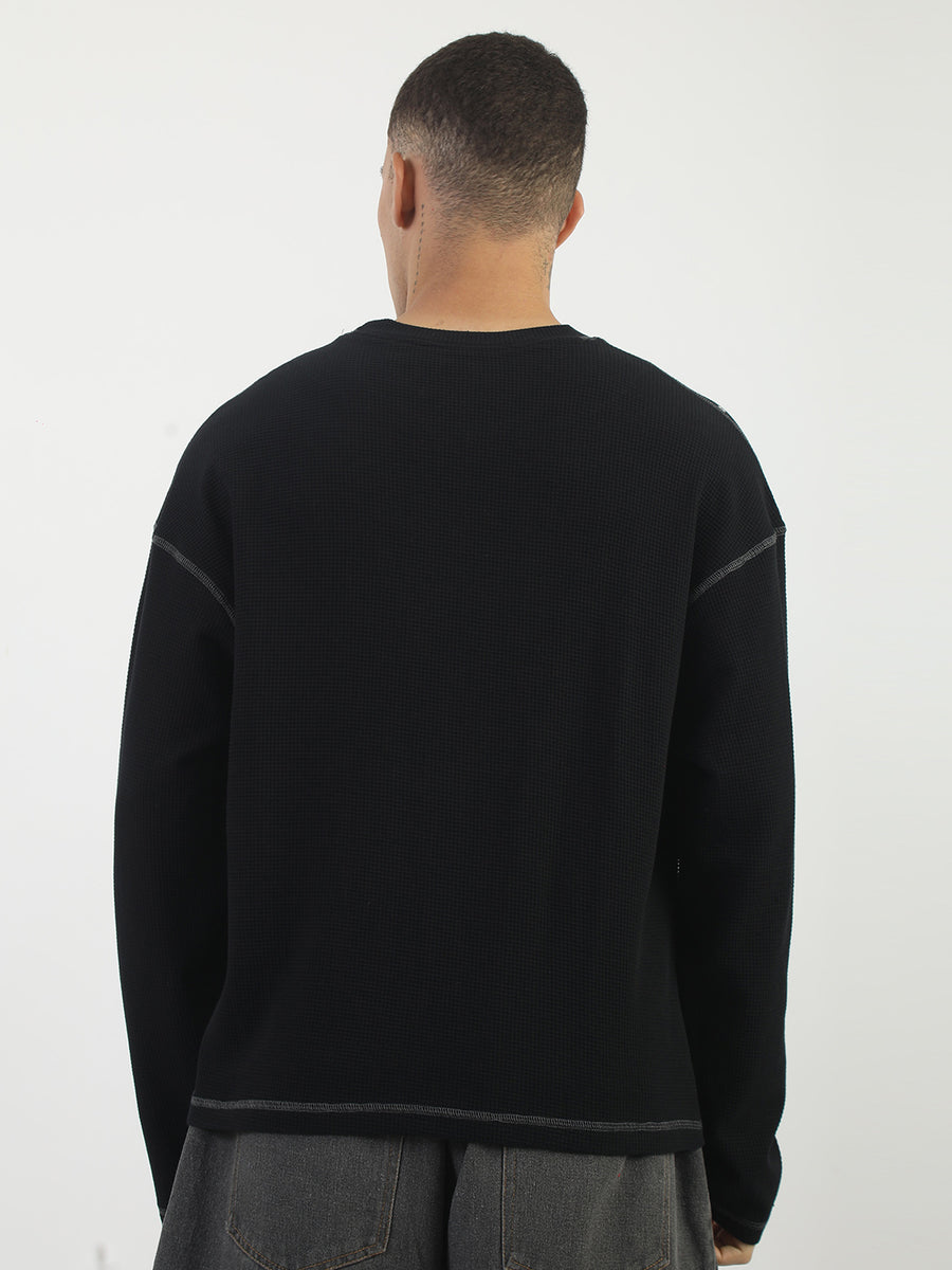 Stud Exploded Black Full Sleeve Waffle T-Shirt