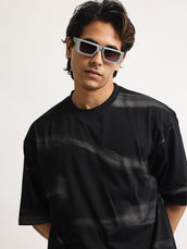 Wave Sparay Printed Black Half Sleeve T-Shirt