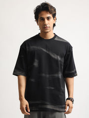 Wave Sparay Printed Black Half Sleeve T-Shirt