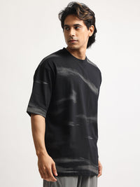 Wave Sparay Printed Black Half Sleeve T-Shirt