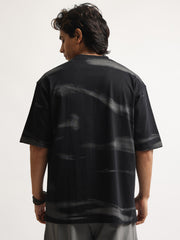 Wave Sparay Printed Black Half Sleeve T-Shirt
