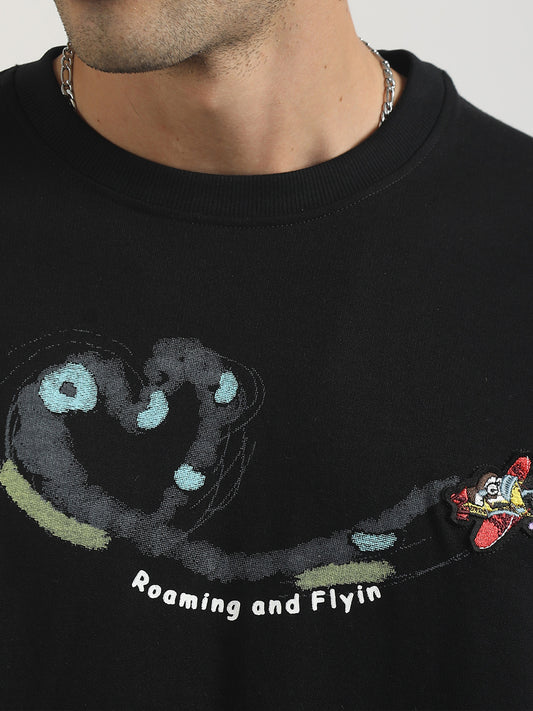 Embroidery Jet Black Half Sleeve T-Shirt