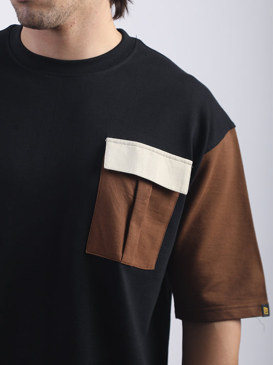 Contrast Pocket Black, Cream and Brown Half Sleeve T-Shirt