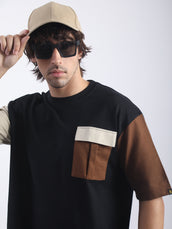 Contrast Pocket Black, Cream and Brown Half Sleeve T-Shirt