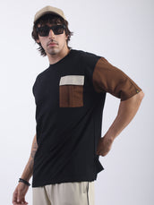 Contrast Pocket Black, Cream and Brown Half Sleeve T-Shirt