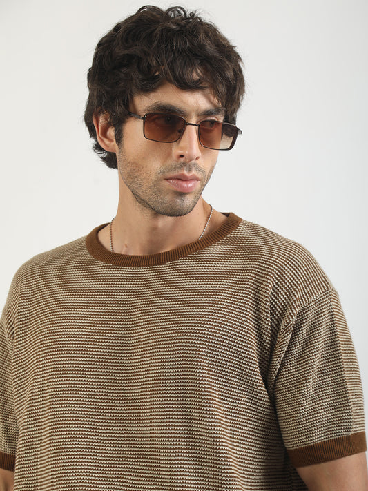 Brown Pixel Knit Flat-Knit Half-Sleeve T-Shirt