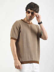 Brown Pixel Knit Flat-Knit Half-Sleeve T-Shirt