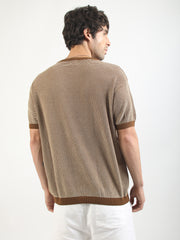 Brown Pixel Knit Flat-Knit Half-Sleeve T-Shirt