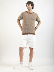 Brown Pixel Knit Flat-Knit Half-Sleeve T-Shirt