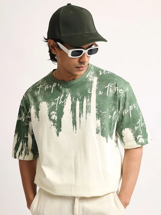 Wordings Cream, Green Half Sleeve T-Shirt