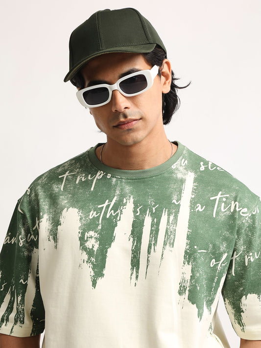 Wordings Cream, Green Half Sleeve T-Shirt