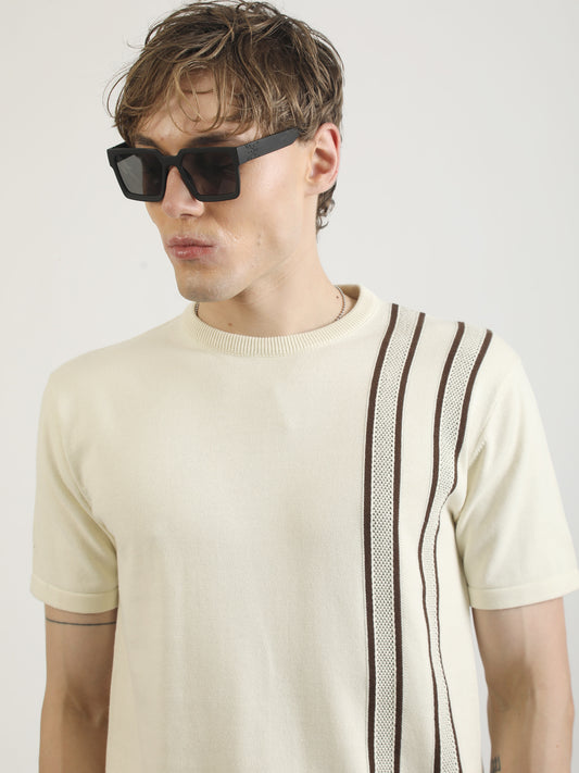 Racer Stripe FlatKnit Cream Half Sleeve T-Shirt