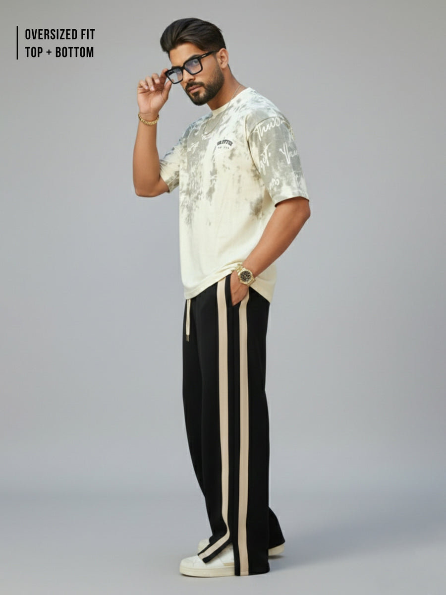 Cream & Black Printed T-Shirt Co-Ord Set