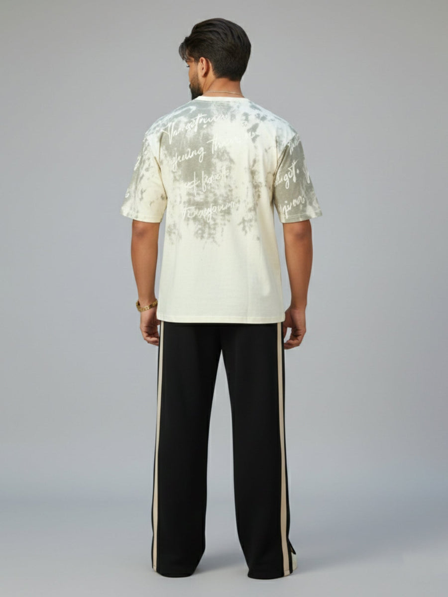 Cream & Black Printed T-Shirt Co-Ord Set