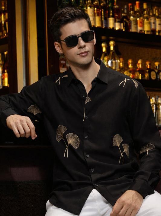 Biloba Leaf Embroidery Black Full Sleeve Shirt